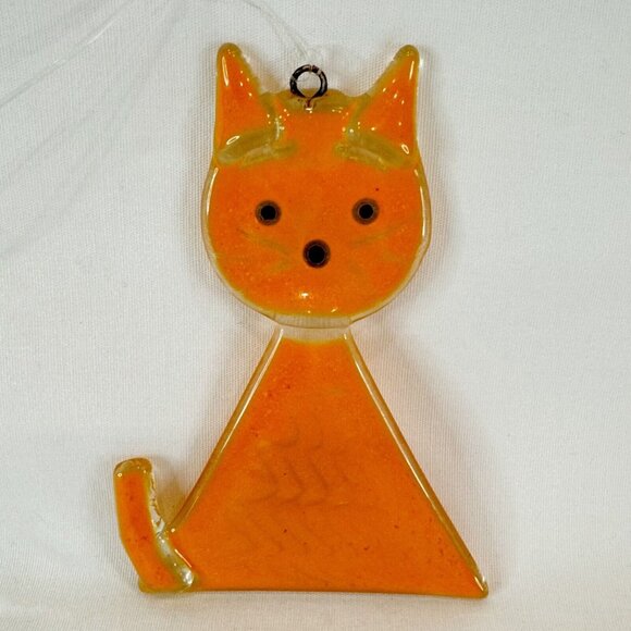 Hanging Orange Kitty Cat Fused Glass OOAK Wavy Sun Catcher Art Ornament Decor - Picture 1 of 2